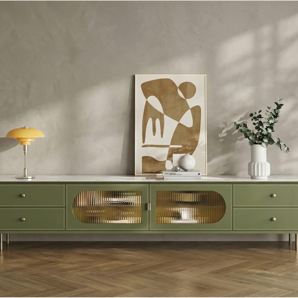 70.87" Modern Green TV Stand with Gold-Ribbed Glass Doors & Storage Drawers 相册图 #1 scene