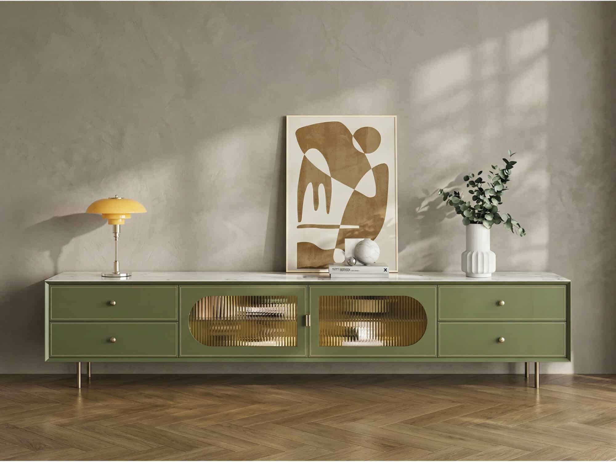 70.87" Modern Green TV Stand with Gold-Ribbed Glass Doors & Storage Drawers 相册图 #1 scene