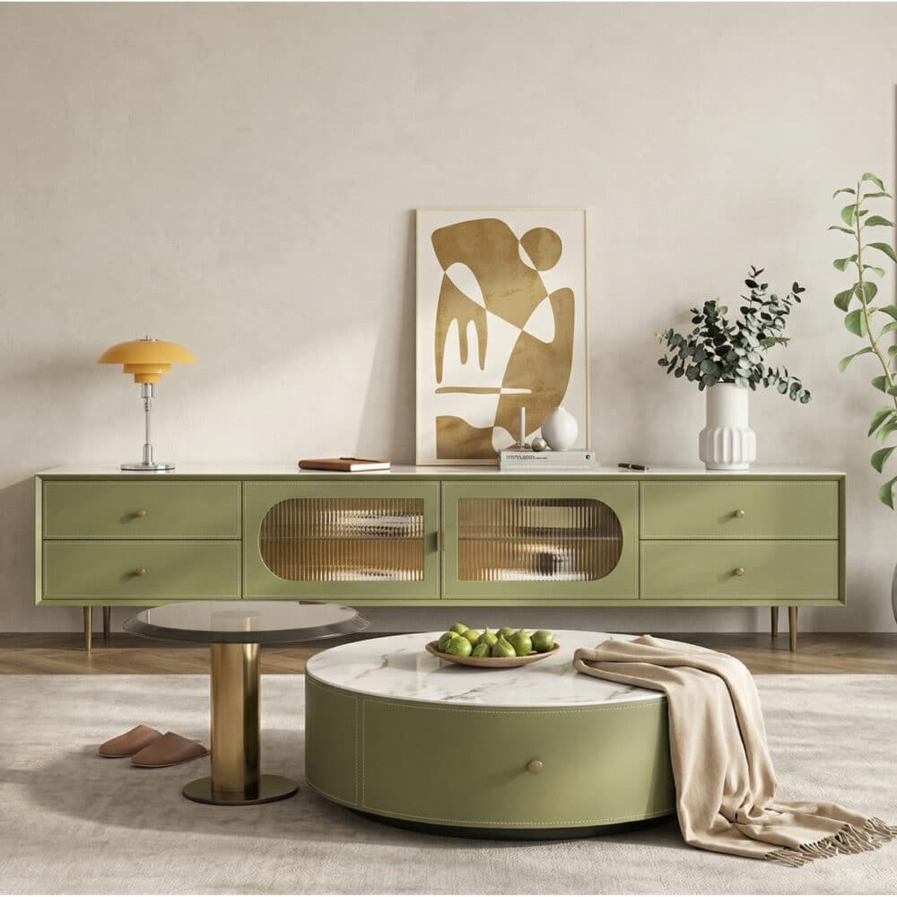70.87" Modern Green TV Stand with Gold-Ribbed Glass Doors & Storage Drawers 相册图 #2 scene