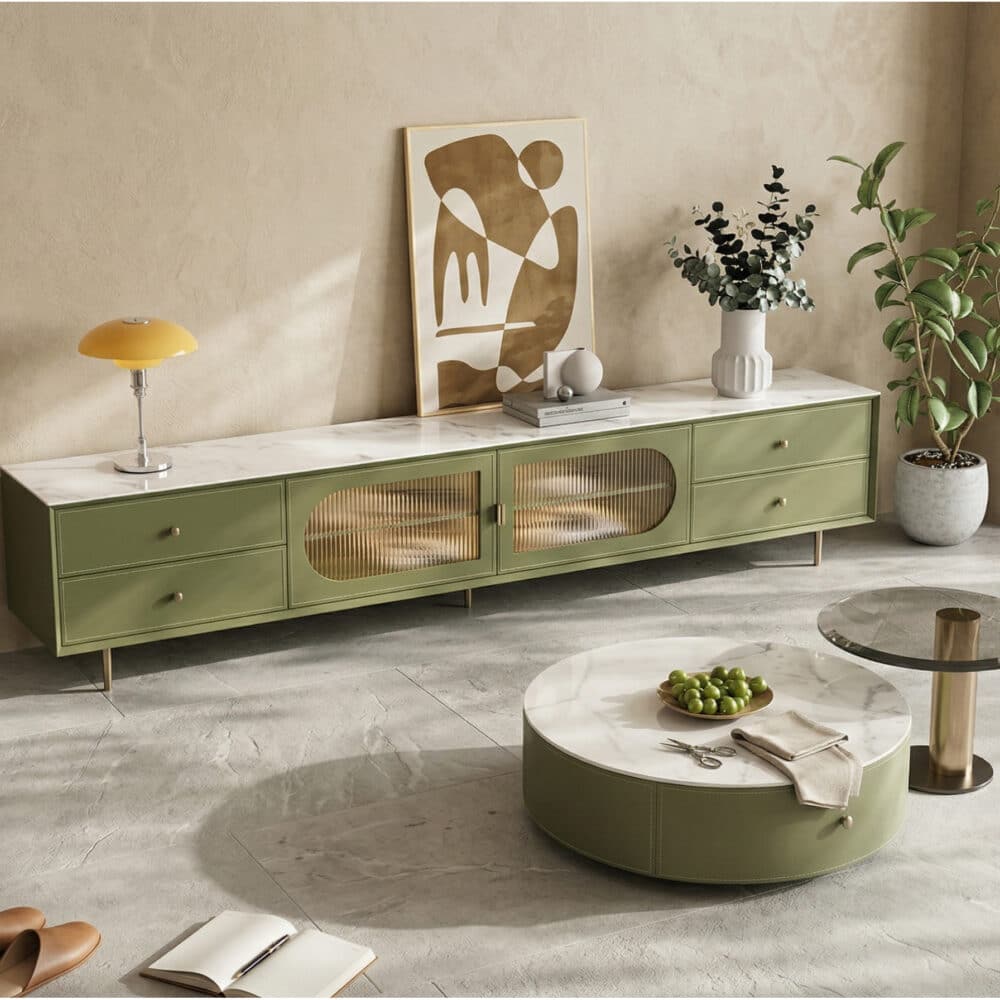 70.87" Modern Green TV Stand with Gold-Ribbed Glass Doors & Storage Drawers 相册图 #3 scene