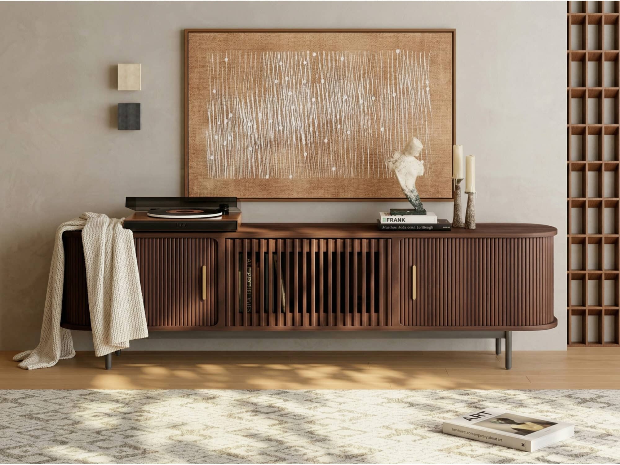 70" Mid-Century Fluted Sliding Door TV Stand 商品主图 scene