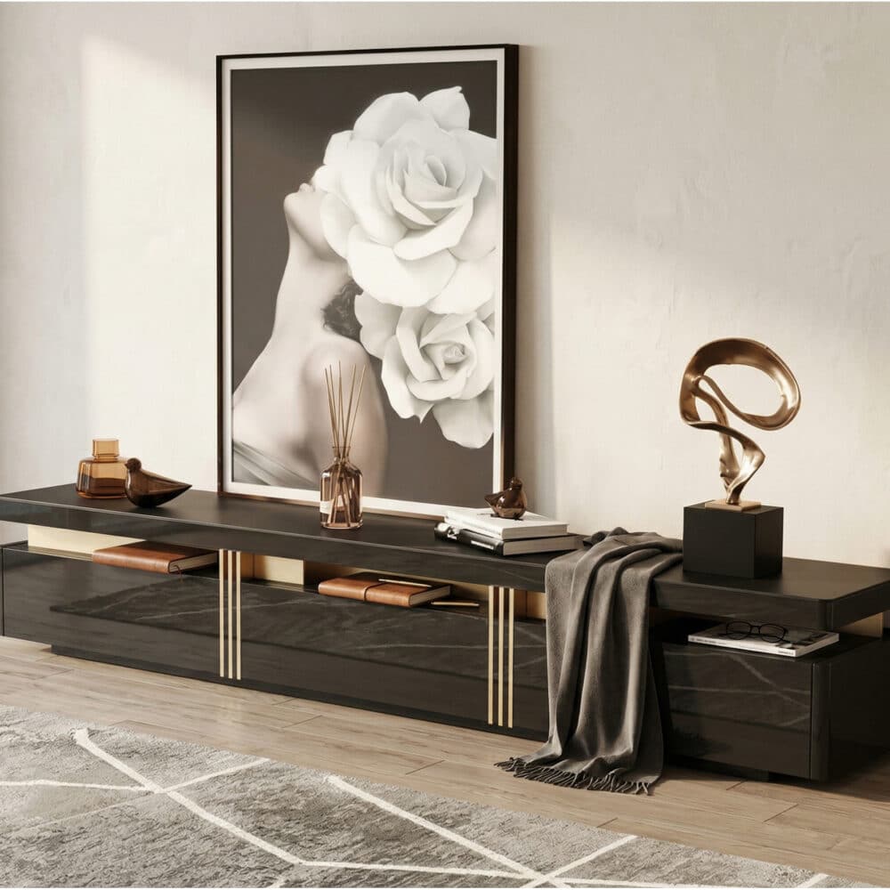 78.7" Modern Light-Luxury TV Stand Cabinet with Glossy Black Finish and Gold Accents 商品主图 scene