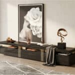 78.7" Modern Light-Luxury TV Stand Cabinet with Glossy Black Finish and Gold Accents 商品主图 scene