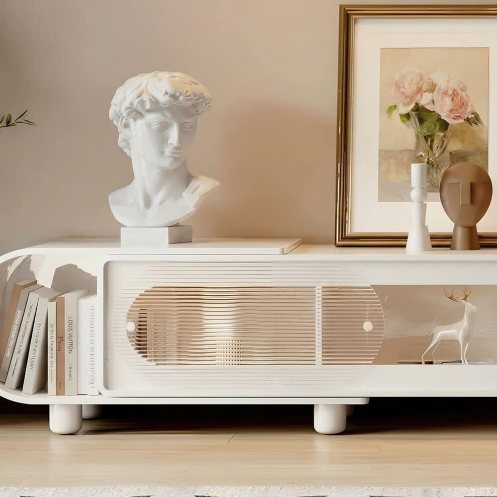 78.7'' Modern Minimalist White TV Stand with Sculptural Storage Design 相册图 #1 resized
