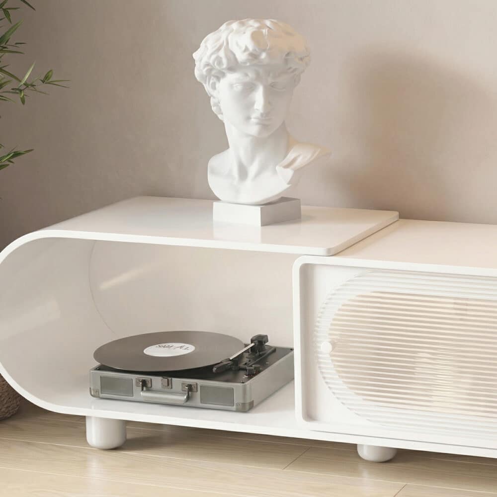 78.7'' Modern Minimalist White TV Stand with Sculptural Storage Design 相册图 #3 resized