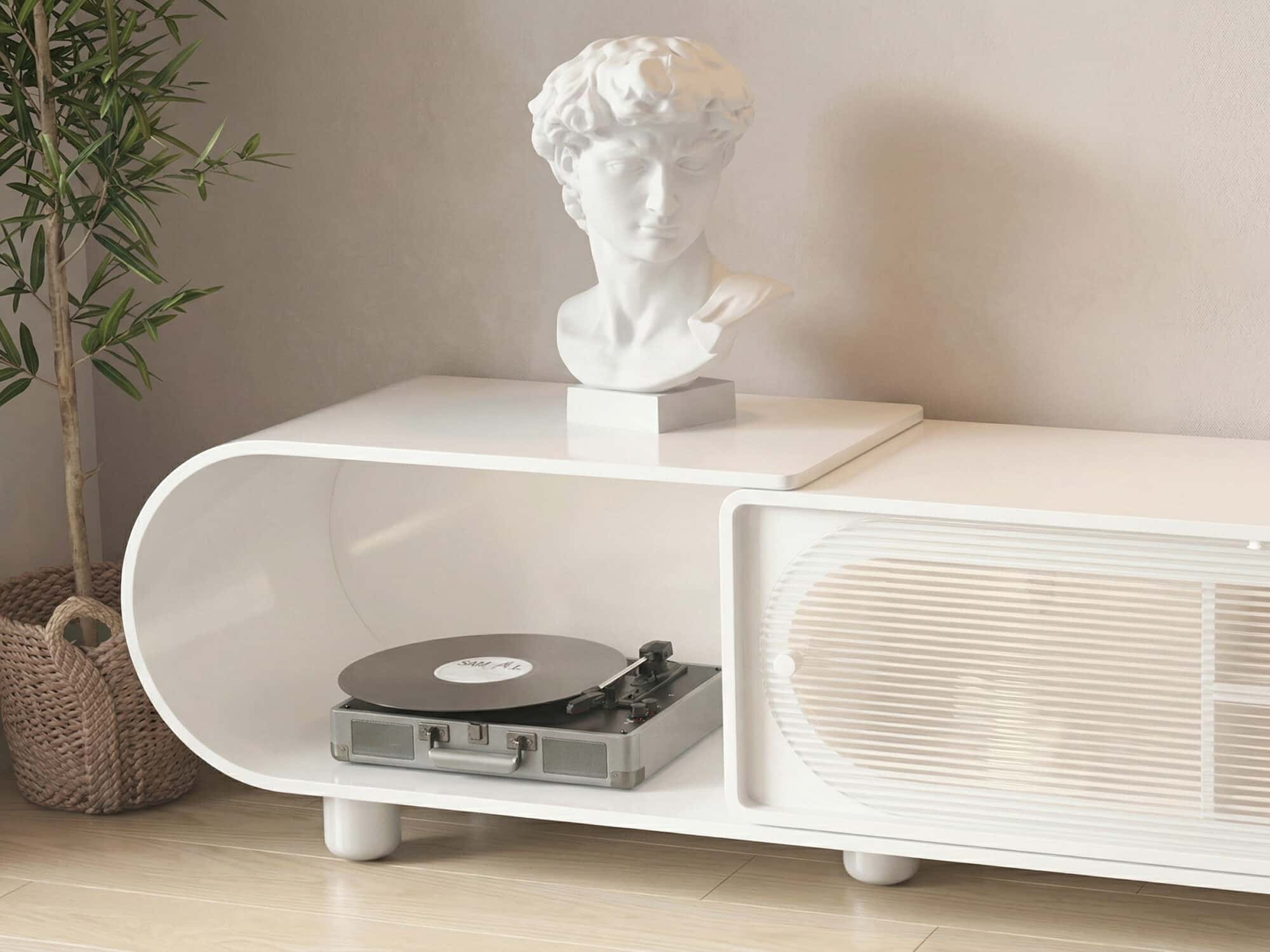 78.7'' Modern Minimalist White TV Stand with Sculptural Storage Design 相册图 #3 resized