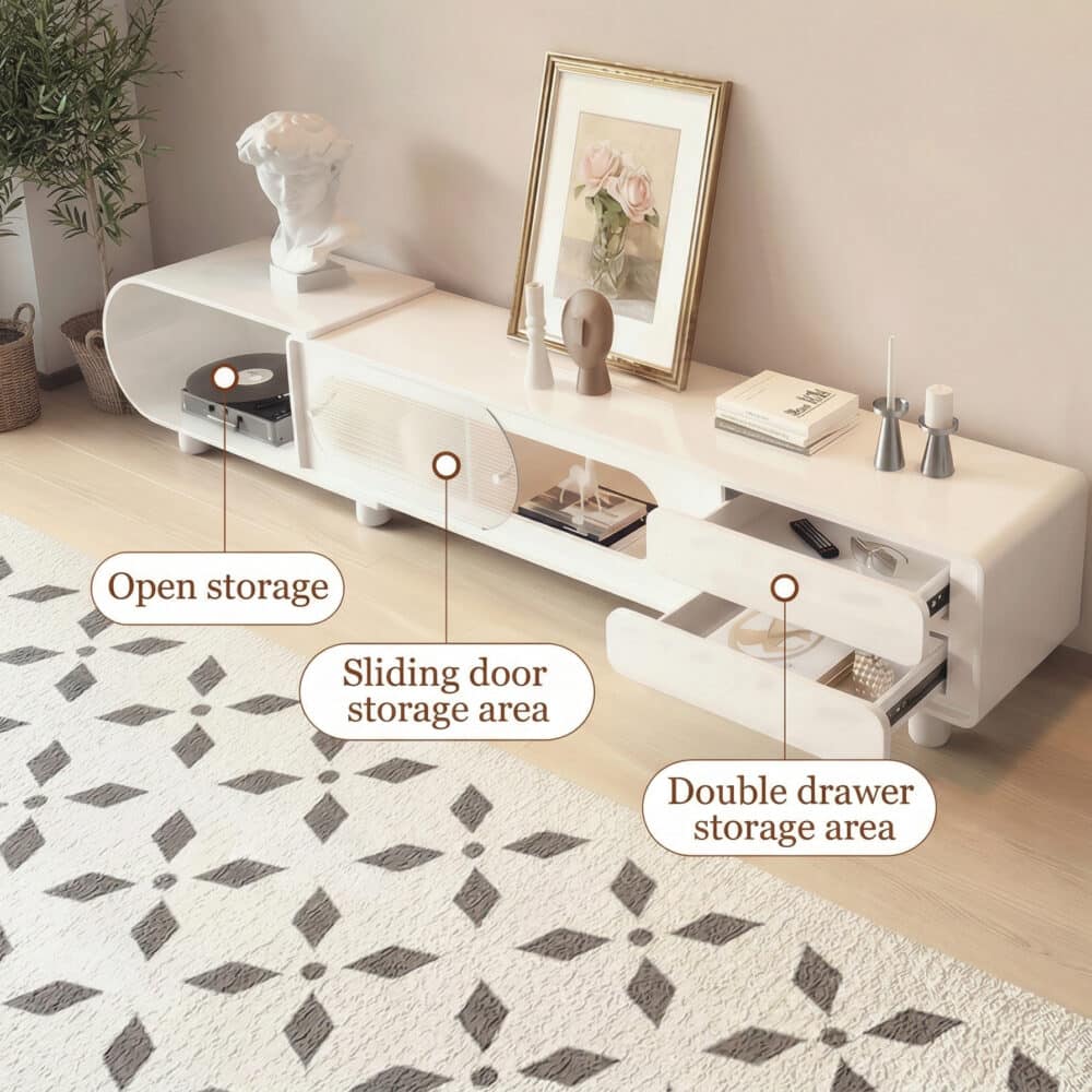 78.7'' Modern Minimalist White TV Stand with Sculptural Storage Design 相册图 #4 resized