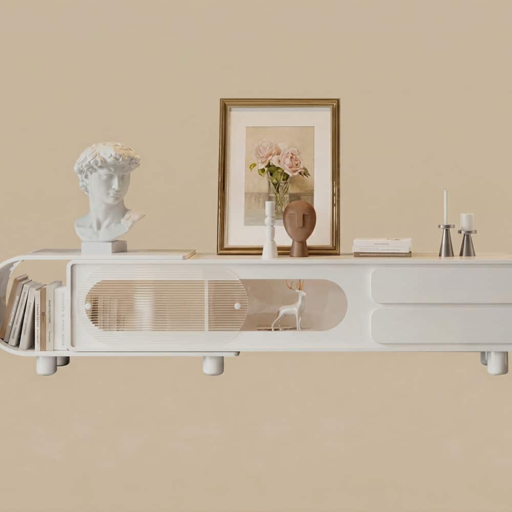 78.7'' Modern Minimalist White TV Stand with Sculptural Storage Design 相册图 #6 resized
