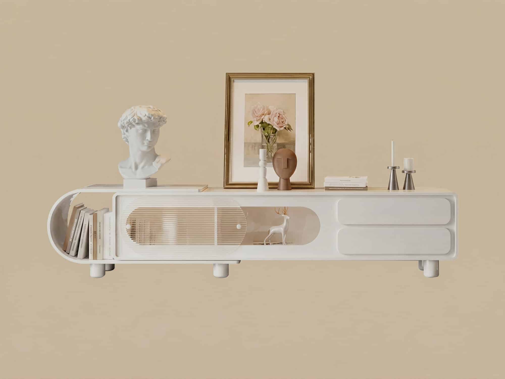 78.7'' Modern Minimalist White TV Stand with Sculptural Storage Design 相册图 #6 resized