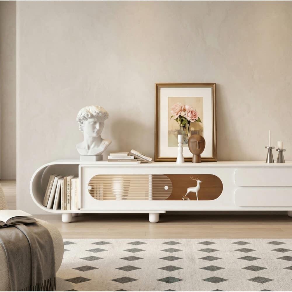 78.7'' Modern Minimalist White TV Stand with Sculptural Storage Design 商品主图 scene