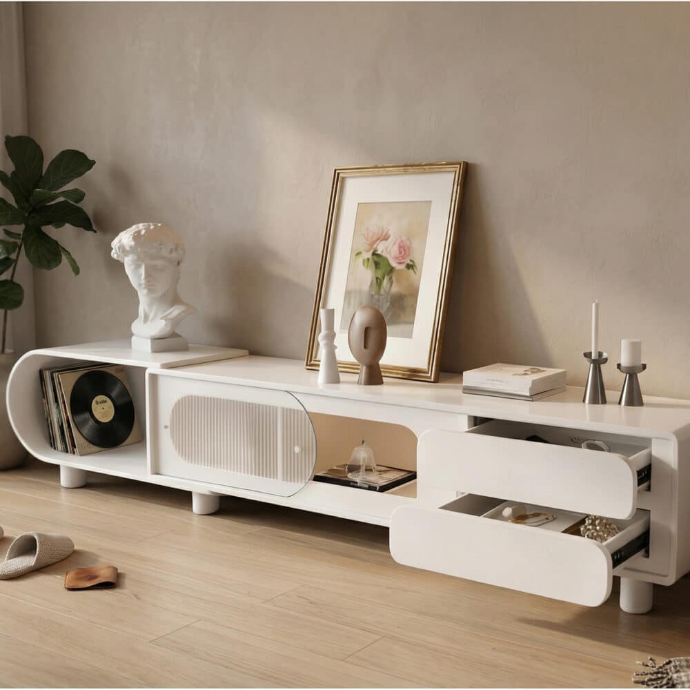 78.7'' Modern Minimalist White TV Stand with Sculptural Storage Design 相册图 #2 scene