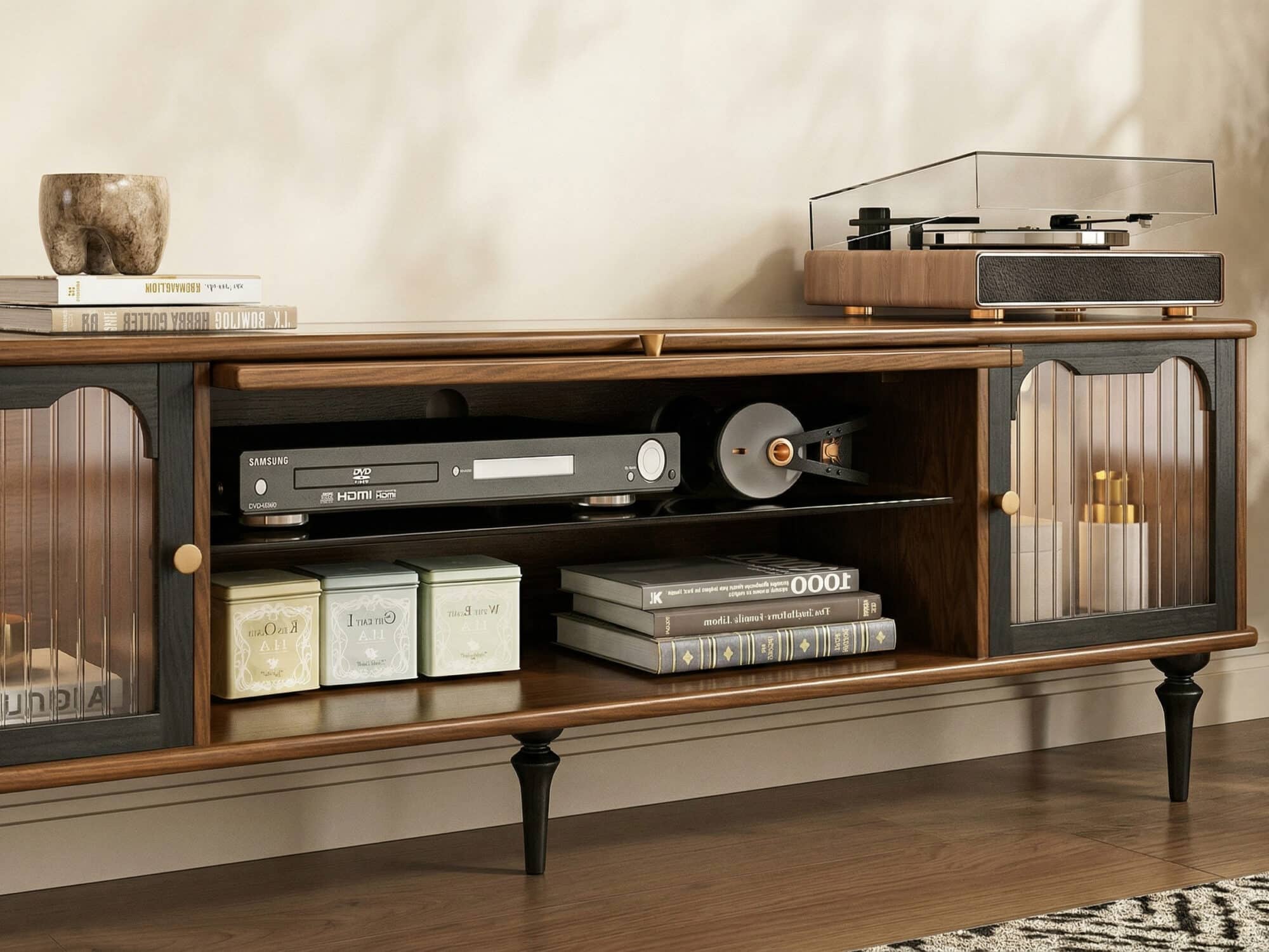 78" Fluted Glass Door Mid-Century TV Stand 相册图 #5 resized