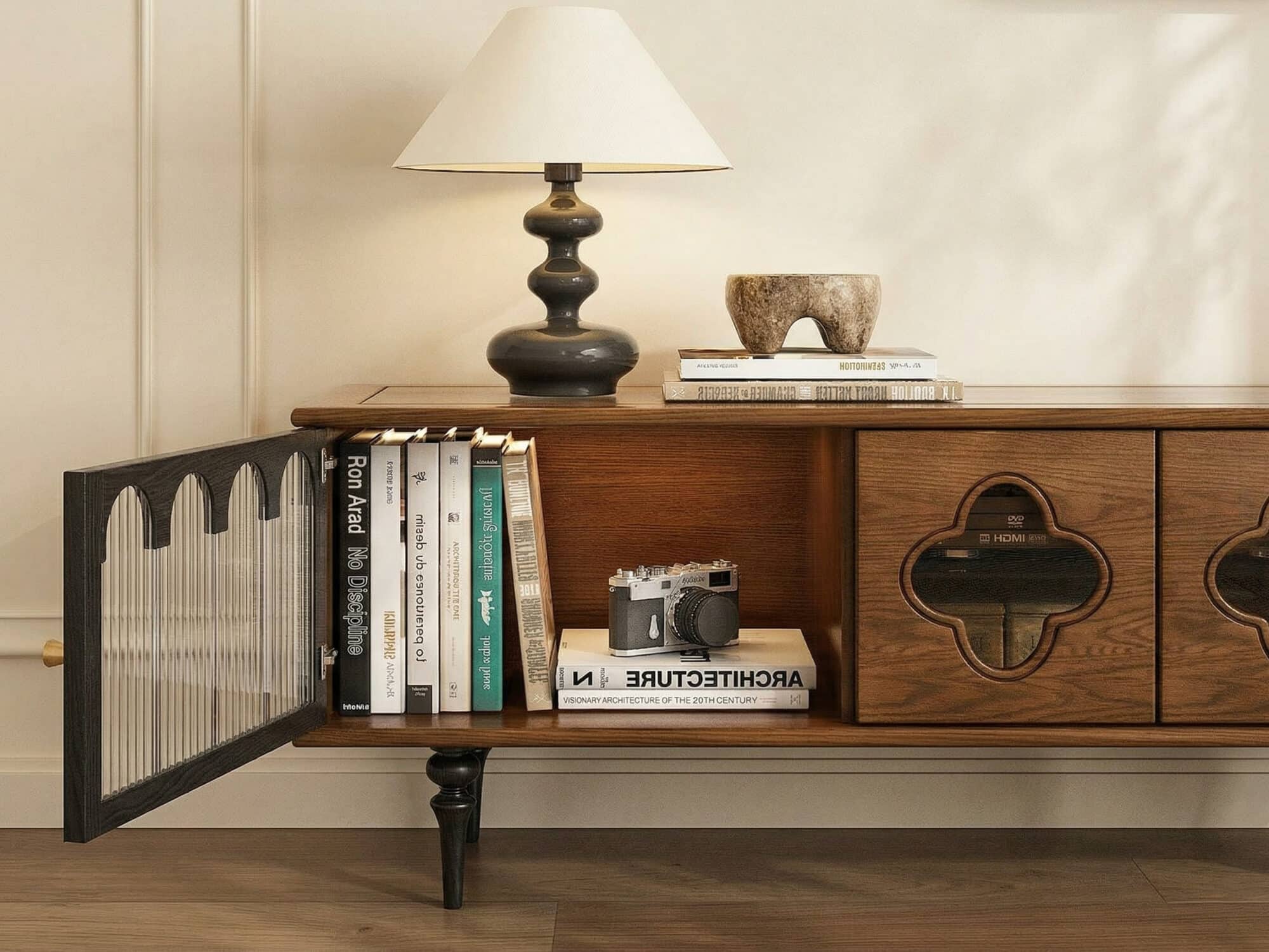 78" Fluted Glass Door Mid-Century TV Stand 相册图 #6 resized