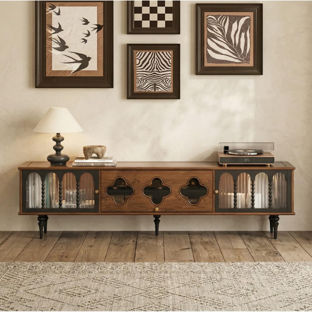 78" Fluted Glass Door Mid-Century TV Stand 变体图 / color: Walnut scene