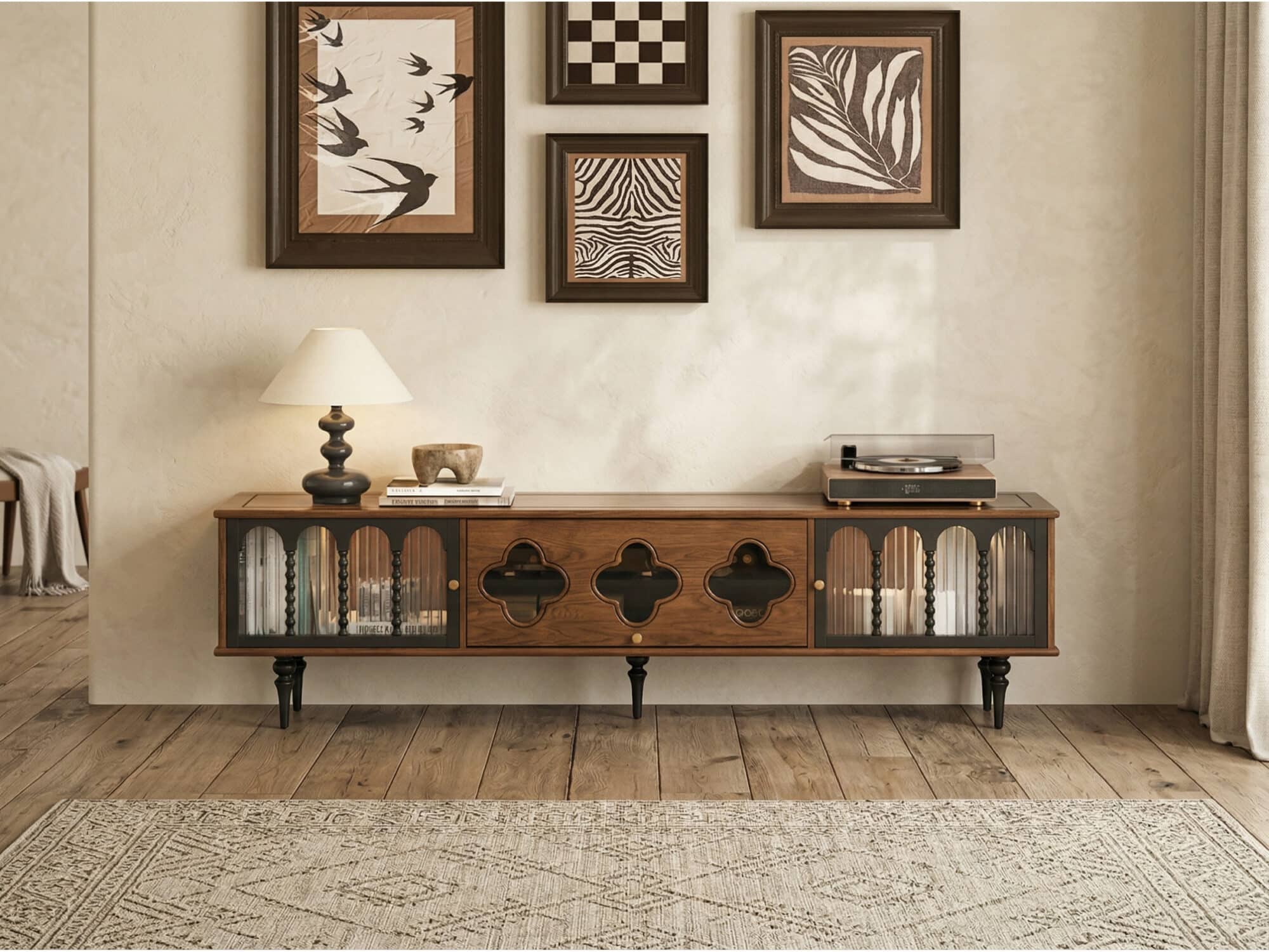 78" Fluted Glass Door Mid-Century TV Stand 变体图 / color: Walnut scene