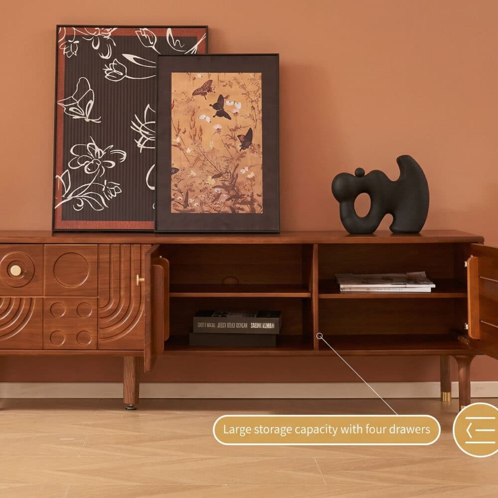 78" Retro TV Stand Carved Geometric Pattern Solid Wood Cabinet Brass-Tipped Legs - resized - 相册图 #2 78" Retro TV Stand Carved Geometric Pattern Solid Wood Cabinet Brass-Tipped Legs 相册图 #2 resized