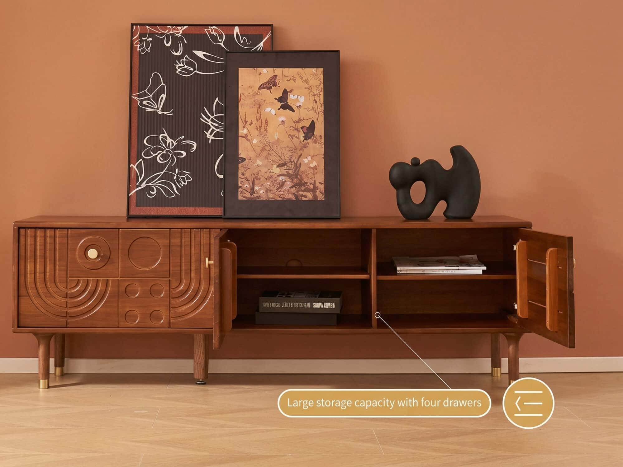 78" Retro TV Stand Carved Geometric Pattern Solid Wood Cabinet Brass-Tipped Legs - resized - 相册图 #2 78" Retro TV Stand Carved Geometric Pattern Solid Wood Cabinet Brass-Tipped Legs 相册图 #2 resized