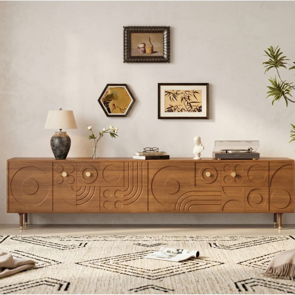 78" Retro TV Stand Carved Geometric Pattern Solid Wood Cabinet Brass-Tipped Legs - scene - 商品主图 78" Retro TV Stand Carved Geometric Pattern Solid Wood Cabinet Brass-Tipped Legs 商品主图 scene