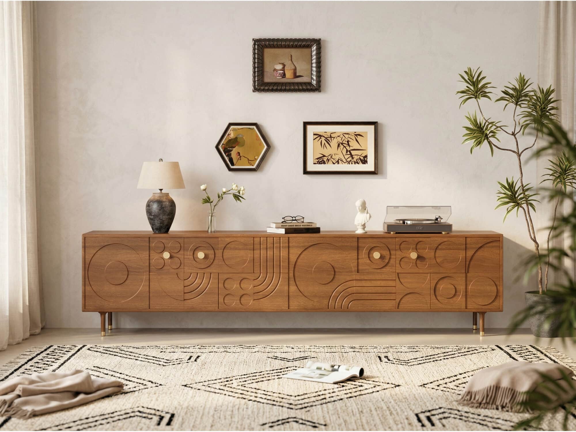 78" Retro TV Stand Carved Geometric Pattern Solid Wood Cabinet Brass-Tipped Legs - scene - 商品主图 78" Retro TV Stand Carved Geometric Pattern Solid Wood Cabinet Brass-Tipped Legs 商品主图 scene
