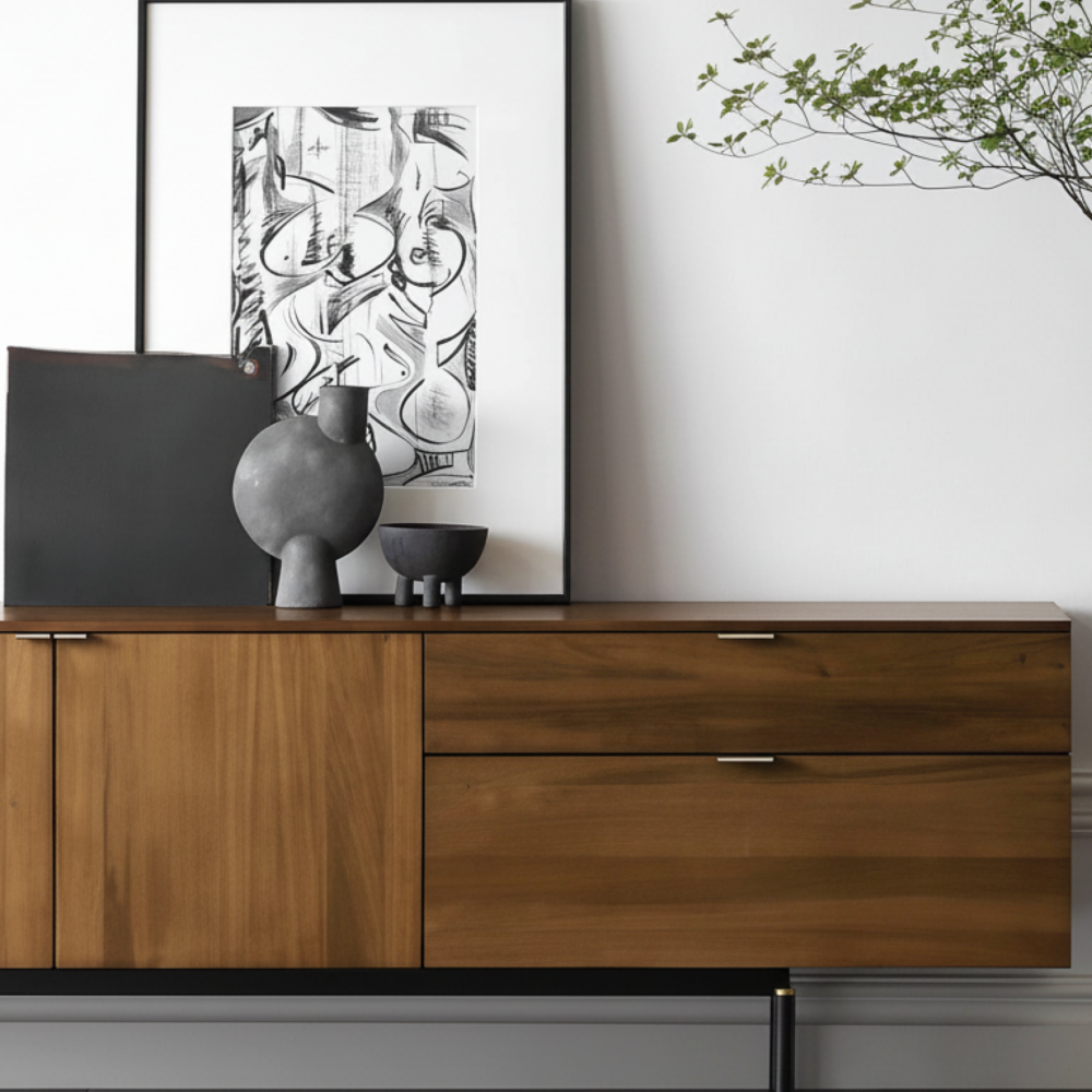 A modern walnut wood TV stand featuring spacious storage compartments and sturdy black steel legs for support.