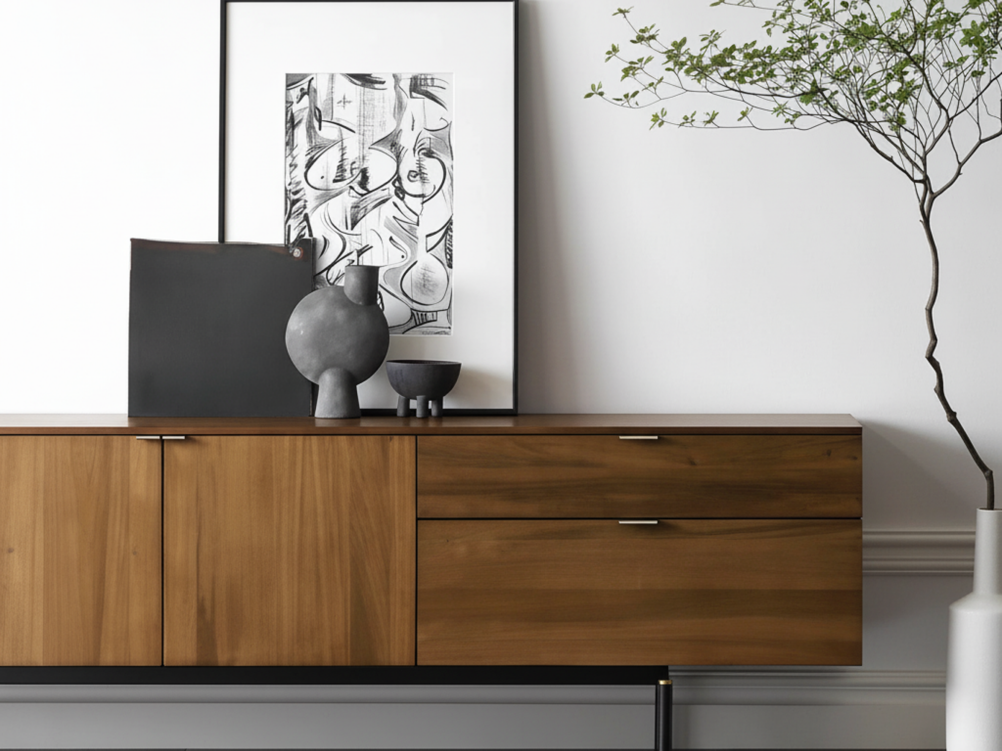 A modern walnut wood TV stand featuring spacious storage compartments and sturdy black steel legs for support.