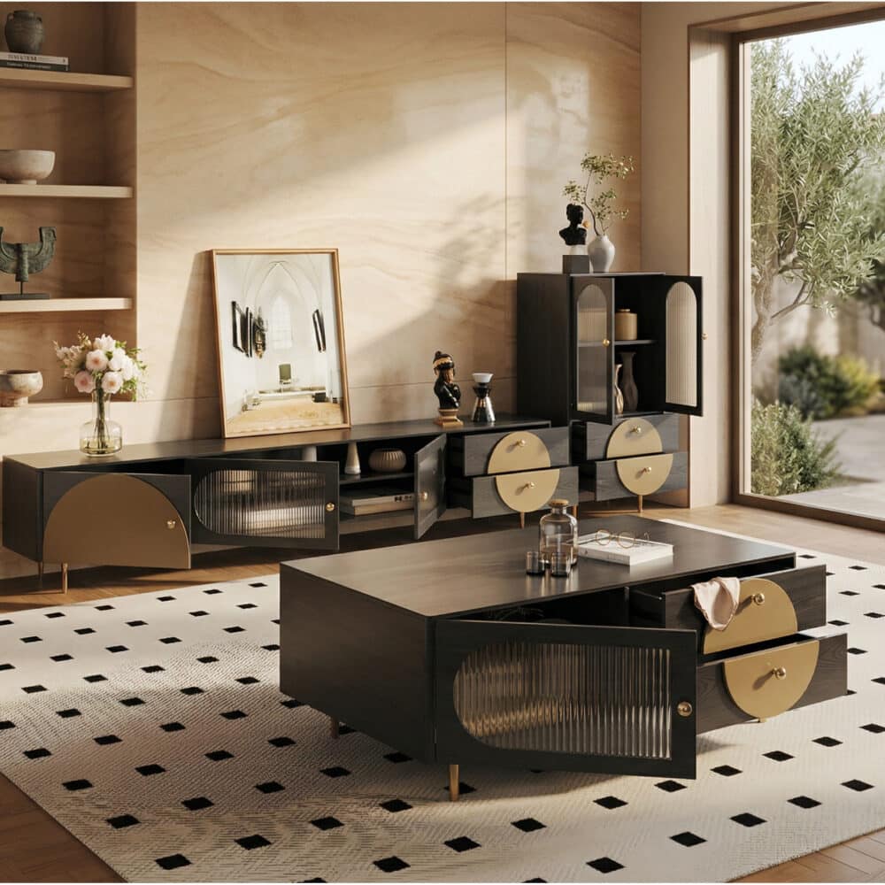 Black Ash Wood Cabinet Drawers Rectangle TV Stand 相册图 #2 scene