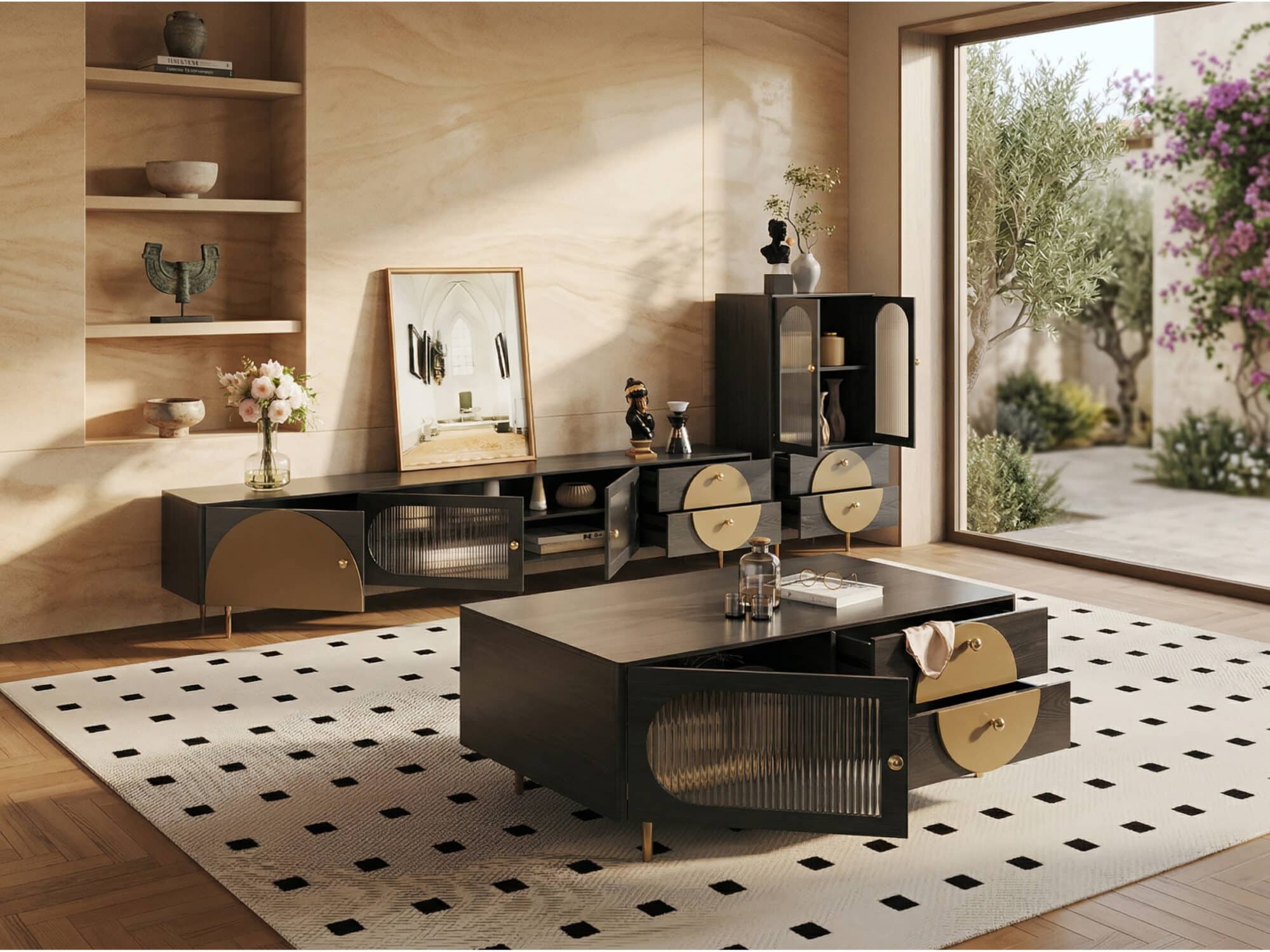 Black Ash Wood Cabinet Drawers Rectangle TV Stand 相册图 #2 scene