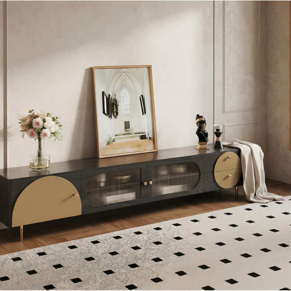 Black Ash Wood Cabinet Drawers Rectangle TV Stand 相册图 #3 scene
