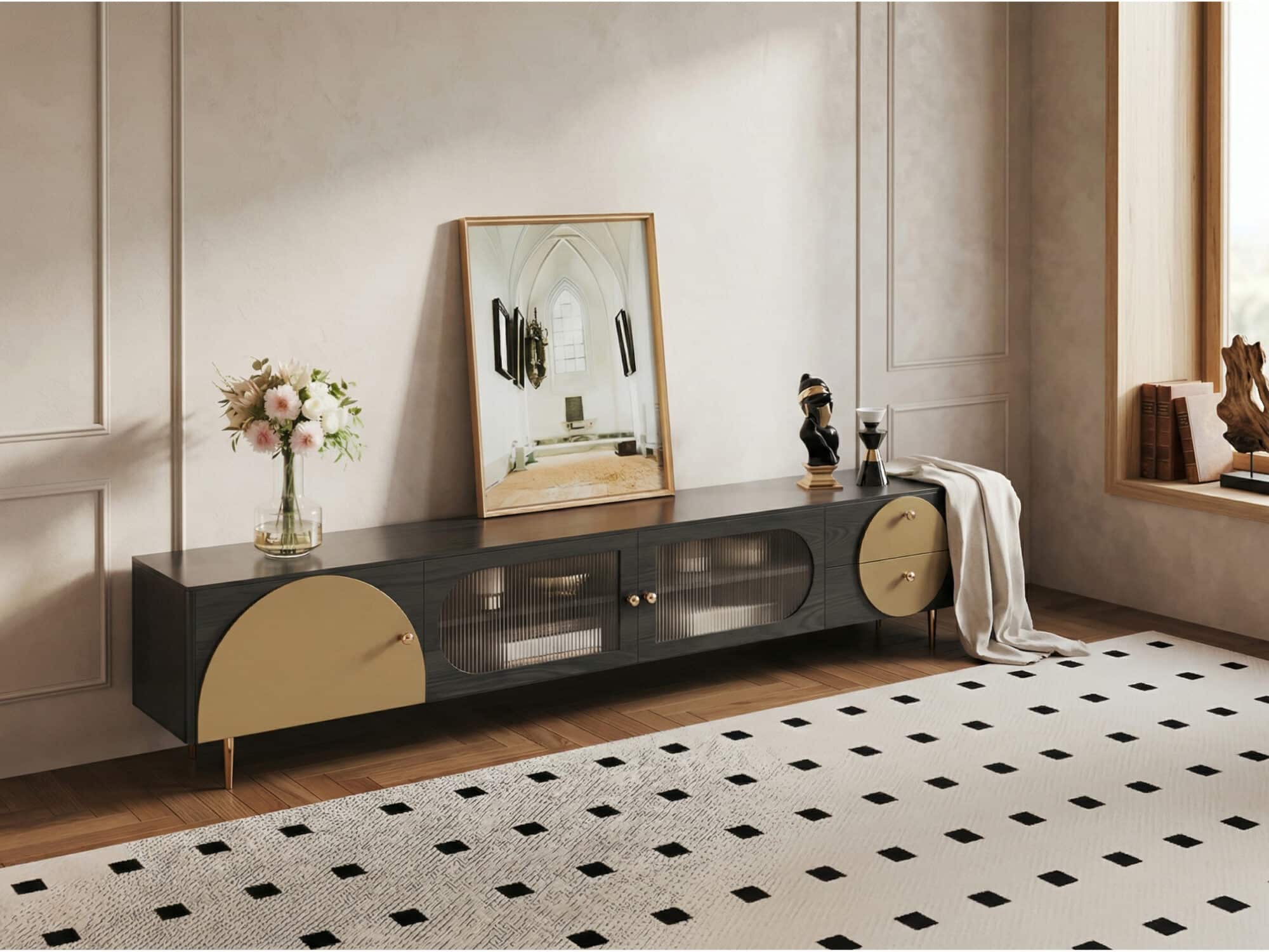 Black Ash Wood Cabinet Drawers Rectangle TV Stand 相册图 #3 scene