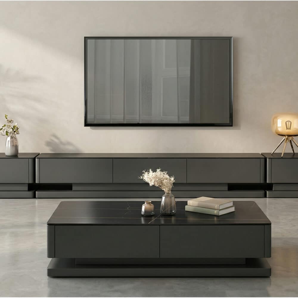 Black Stone Rectangle Enclosed Storage Drawers TV Stand 商品主图 scene