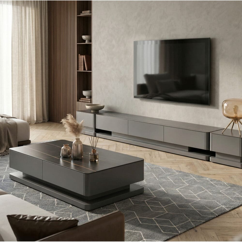 Black Stone Rectangle Enclosed Storage Drawers TV Stand 相册图 #1 scene