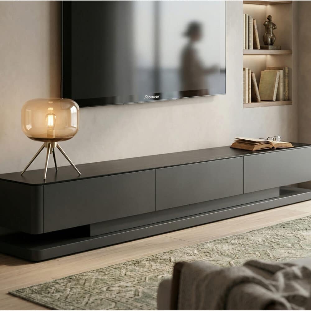Black Stone Rectangle Enclosed Storage Drawers TV Stand 相册图 #2 scene