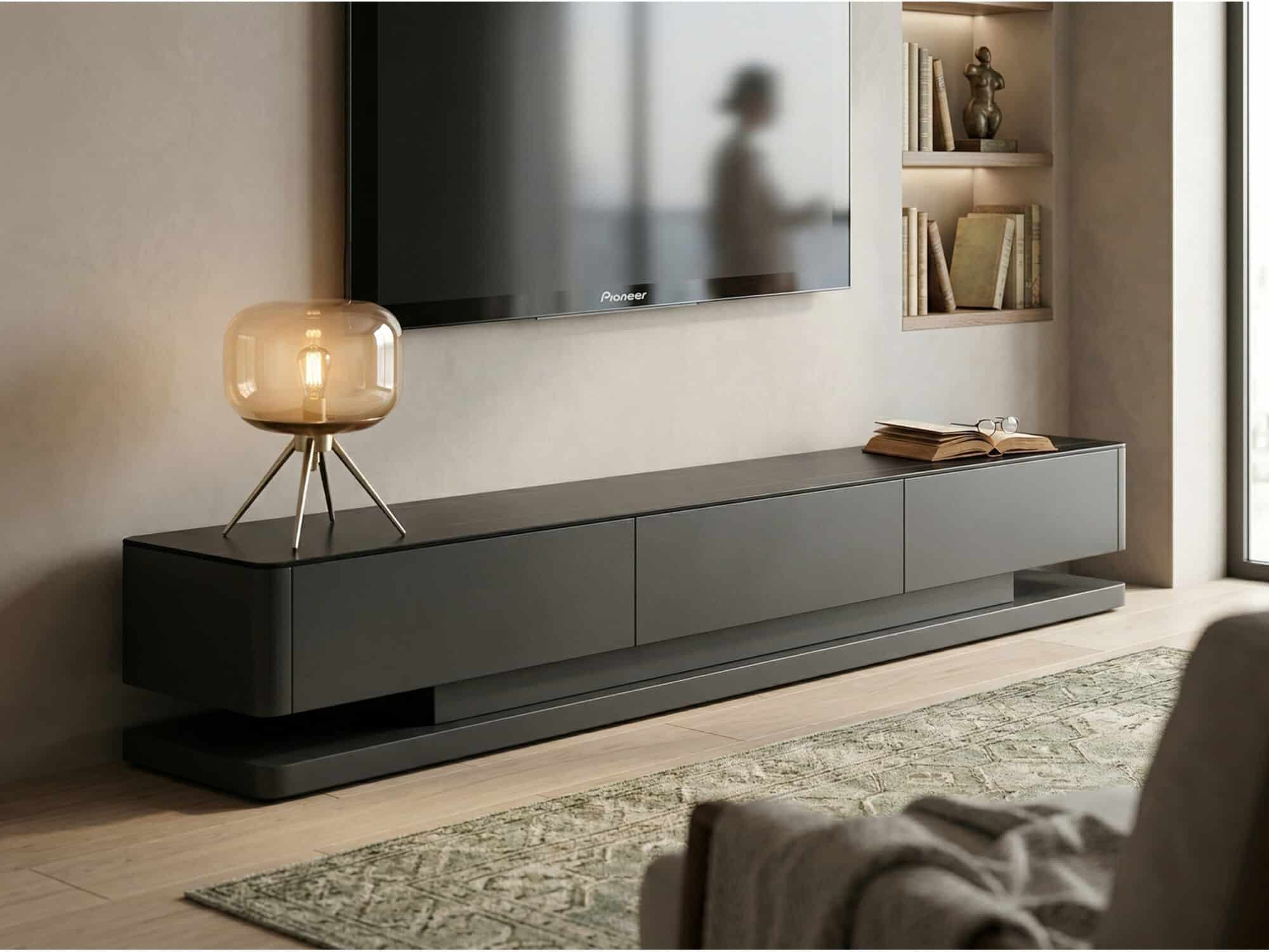 Black Stone Rectangle Enclosed Storage Drawers TV Stand 相册图 #2 scene