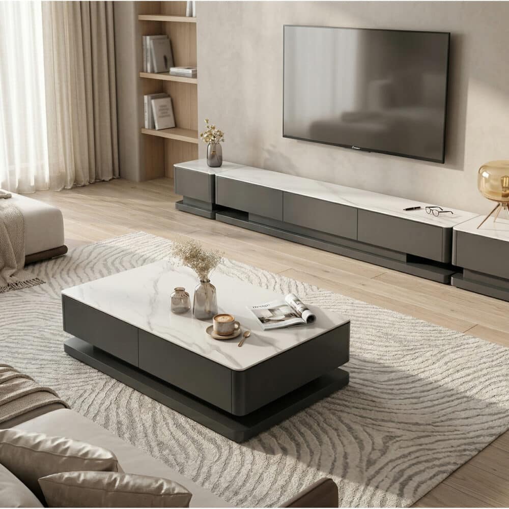 Black Stone Rectangle Enclosed Storage Drawers TV Stand 相册图 #7 scene