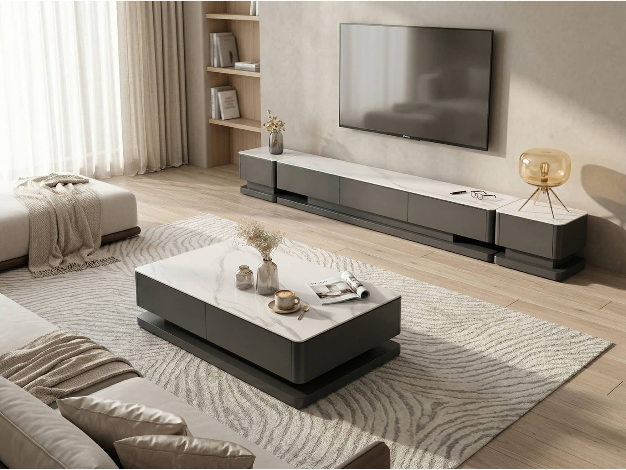 Black Stone Rectangle Enclosed Storage Drawers TV Stand 相册图 #7 scene