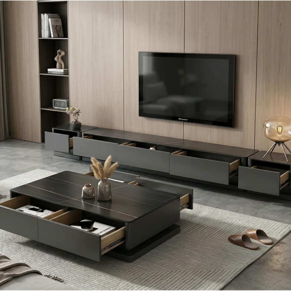 Black Stone Rectangle Enclosed Storage Drawers TV Stand 相册图 #8 scene