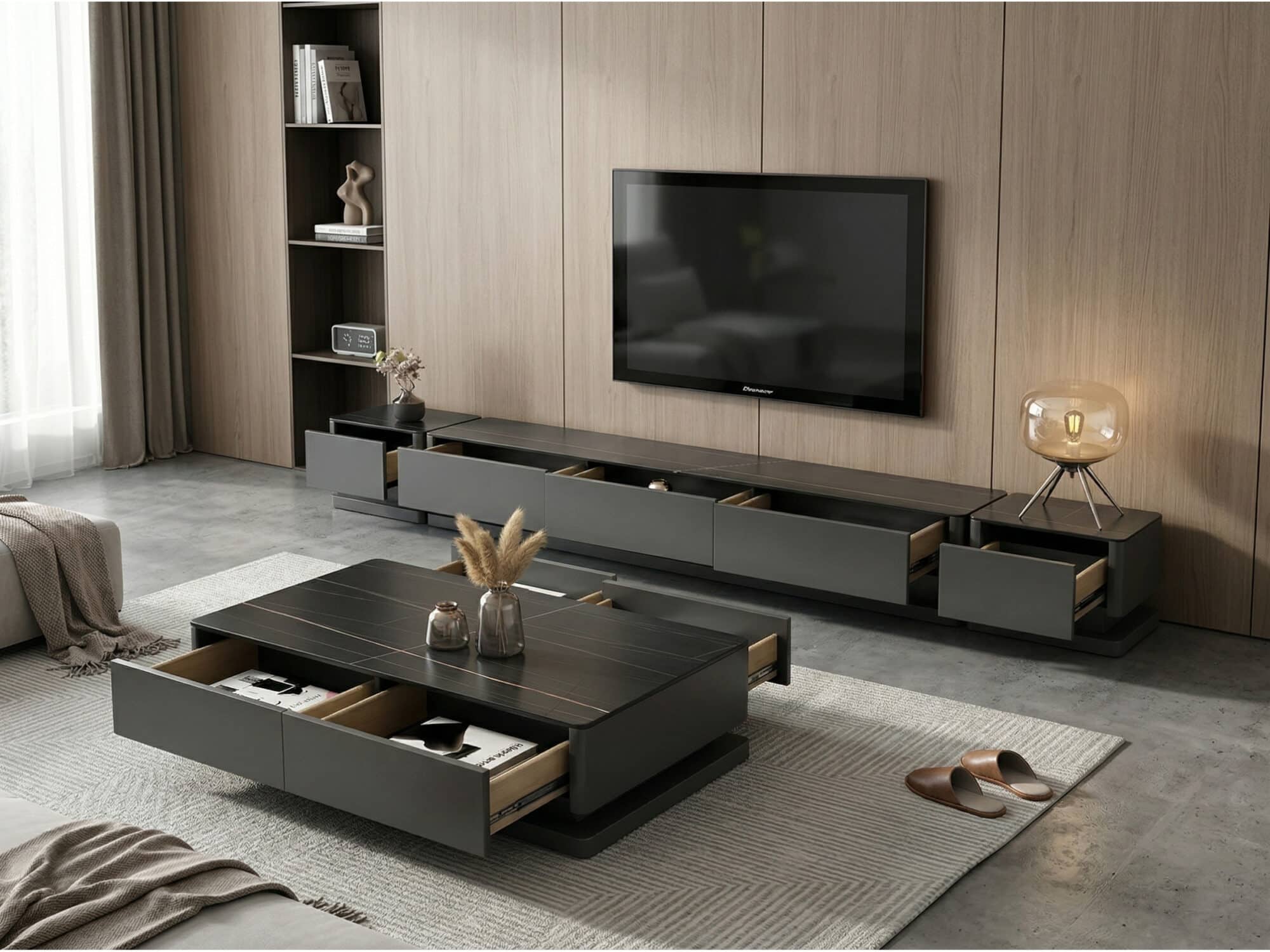 Black Stone Rectangle Enclosed Storage Drawers TV Stand 相册图 #8 scene