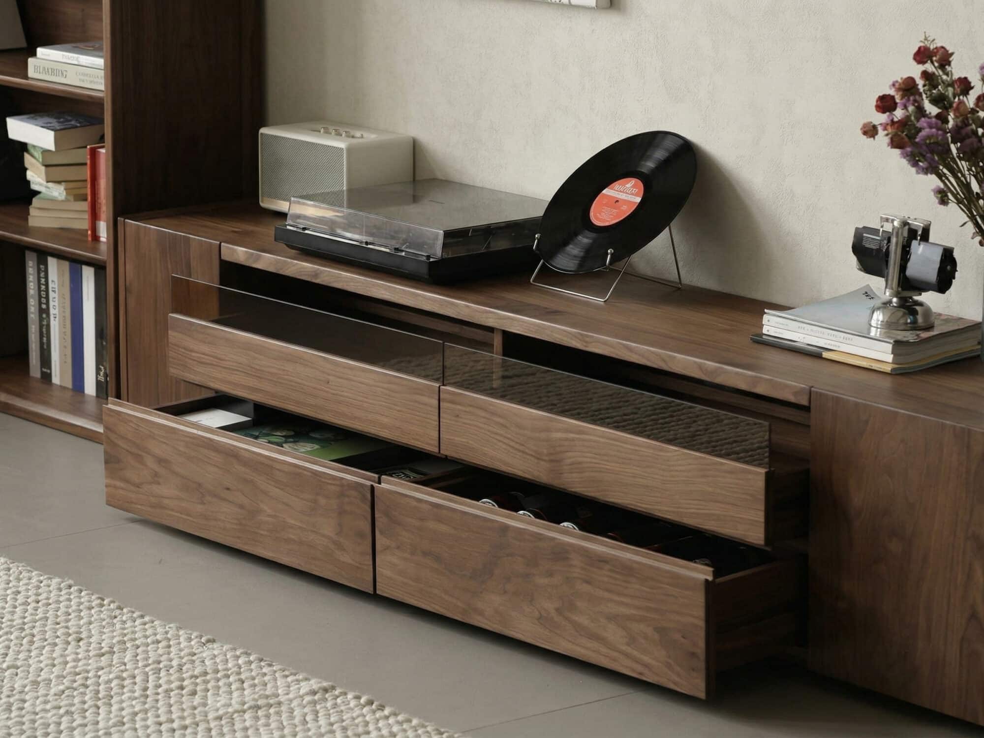 Brown Walnut Wood Cabinet Drawers Shelf Long TV Stand 相册图 #10 resized