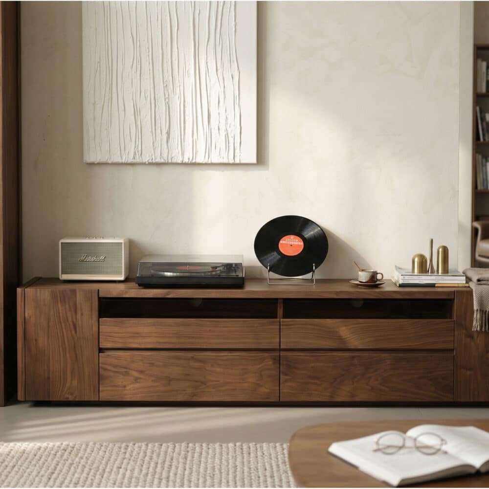 Brown Walnut Wood Cabinet Drawers Shelf Long TV Stand 相册图 #2 scene
