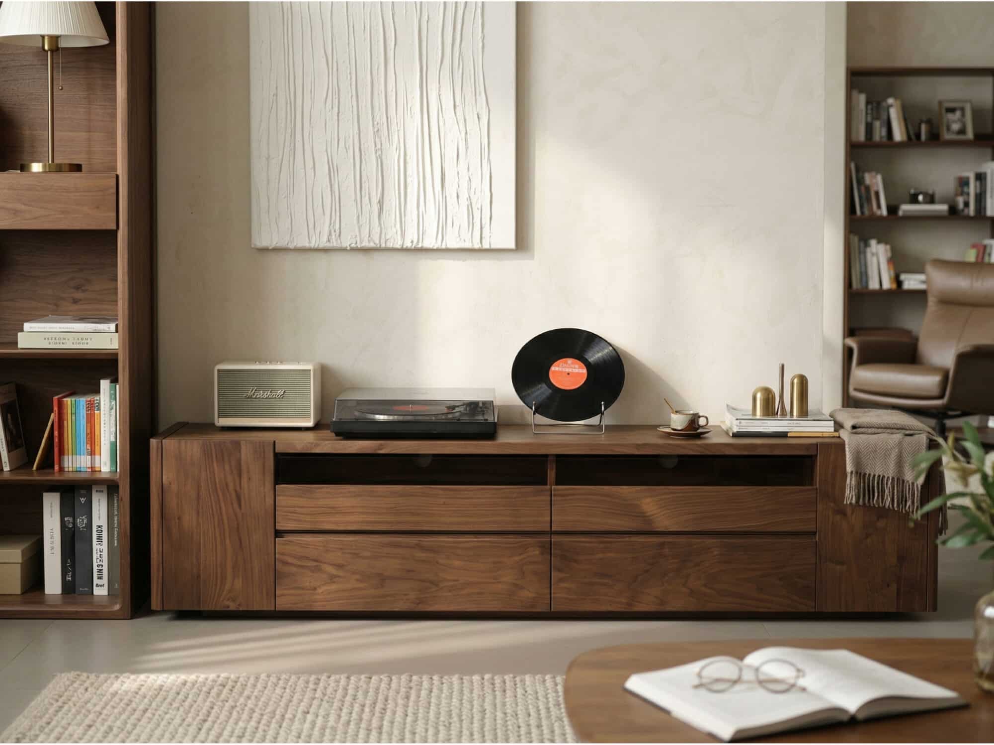 Brown Walnut Wood Cabinet Drawers Shelf Long TV Stand 相册图 #2 scene