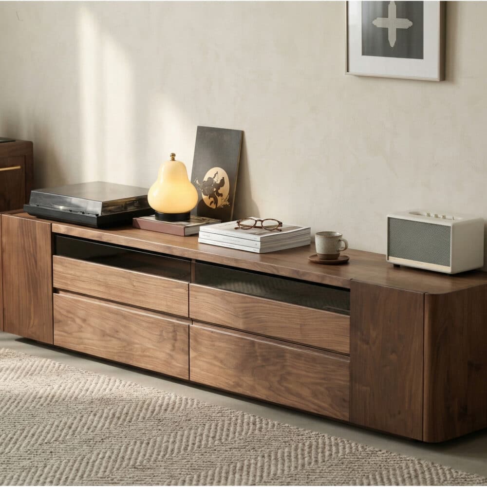 Brown Walnut Wood Cabinet Drawers Shelf Long TV Stand 相册图 #3 scene