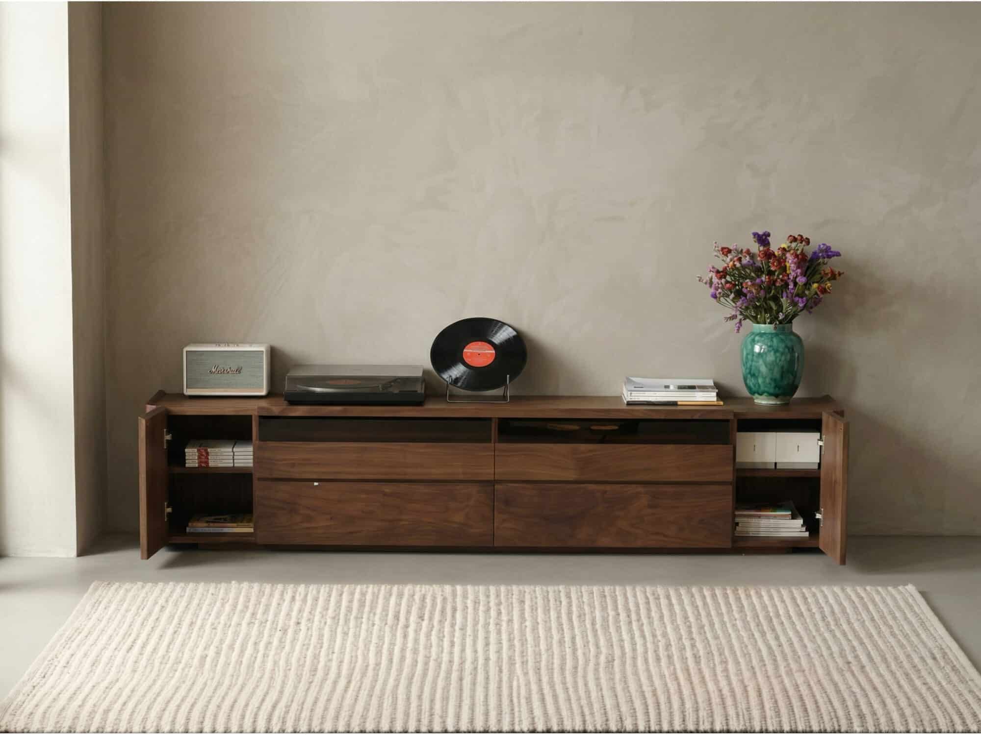 Brown Walnut Wood Cabinet Drawers Shelf Long TV Stand 相册图 #4 scene
