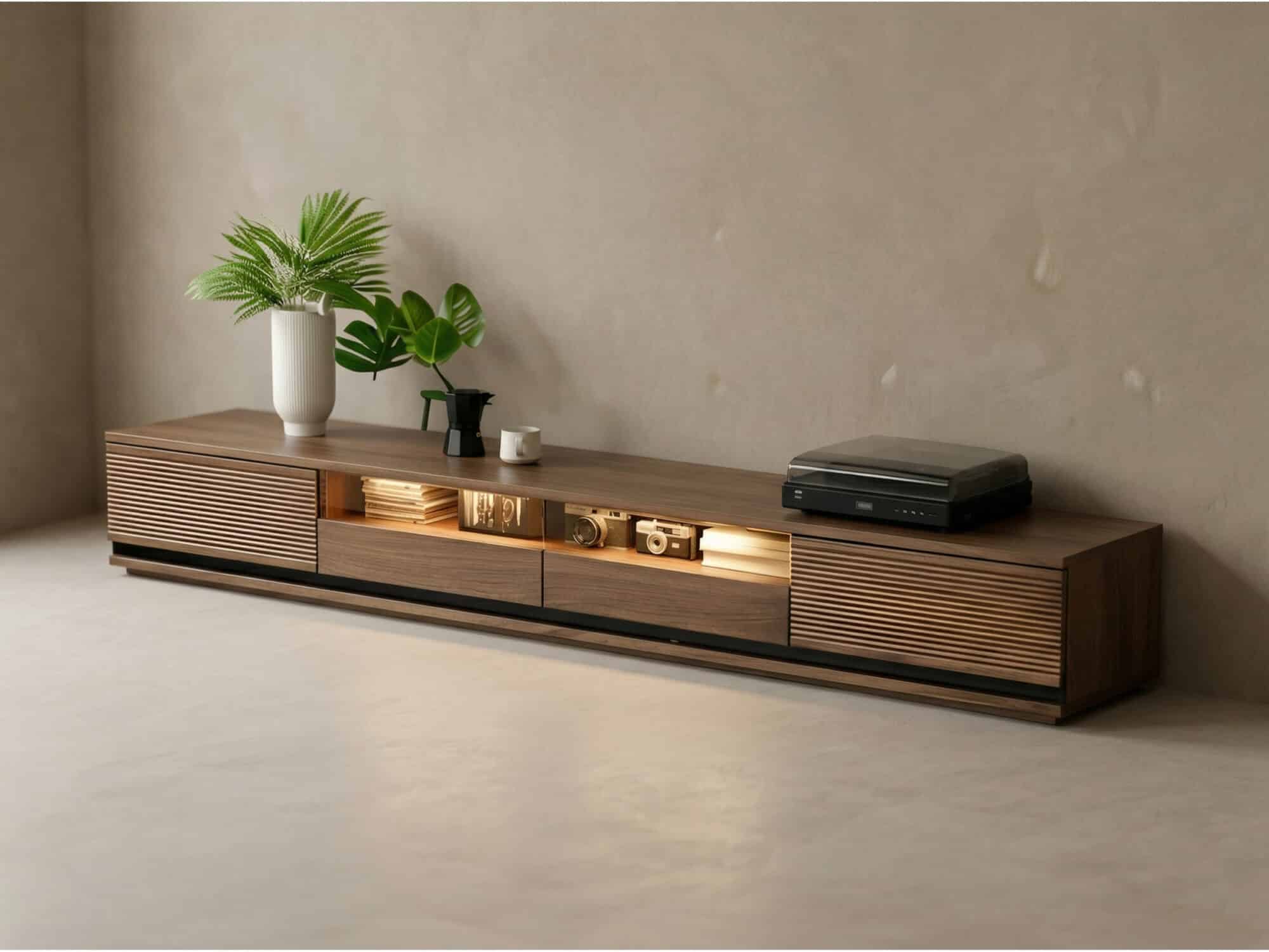 Brown Walnut Wood Drawers Rectangle 2 Tiers TV Stand 相册图 #4 scene