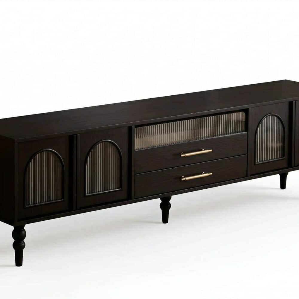 Mid-Century Modern Black TV Stand with Cabinet Glass Doors 相册图 #1 resized