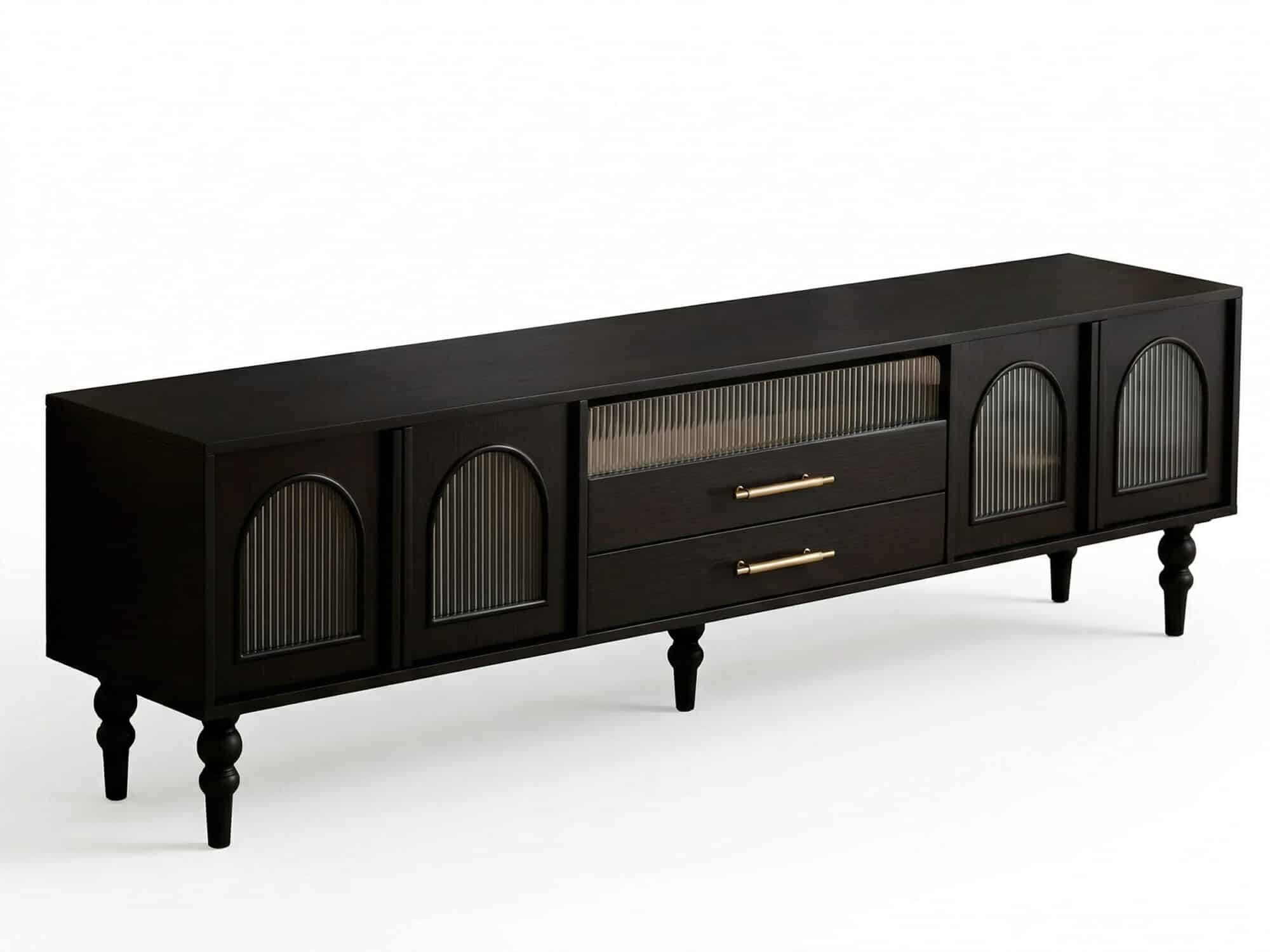 Mid-Century Modern Black TV Stand with Cabinet Glass Doors 相册图 #1 resized