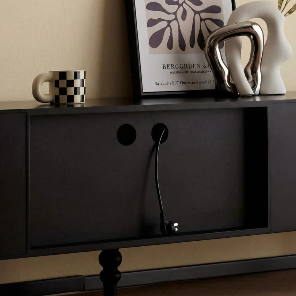 Mid-Century Modern Black TV Stand with Cabinet Glass Doors 相册图 #9 resized