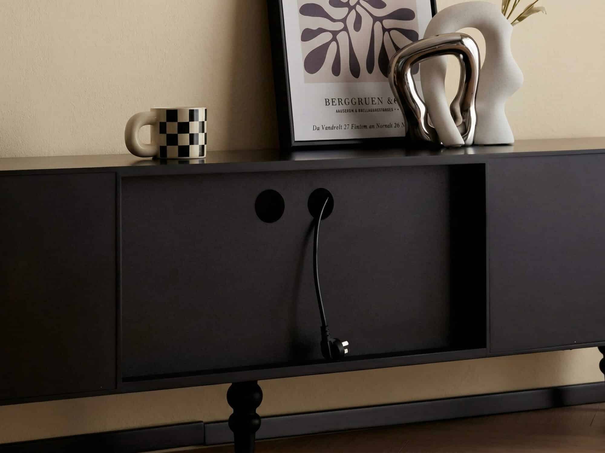 Mid-Century Modern Black TV Stand with Cabinet Glass Doors 相册图 #9 resized