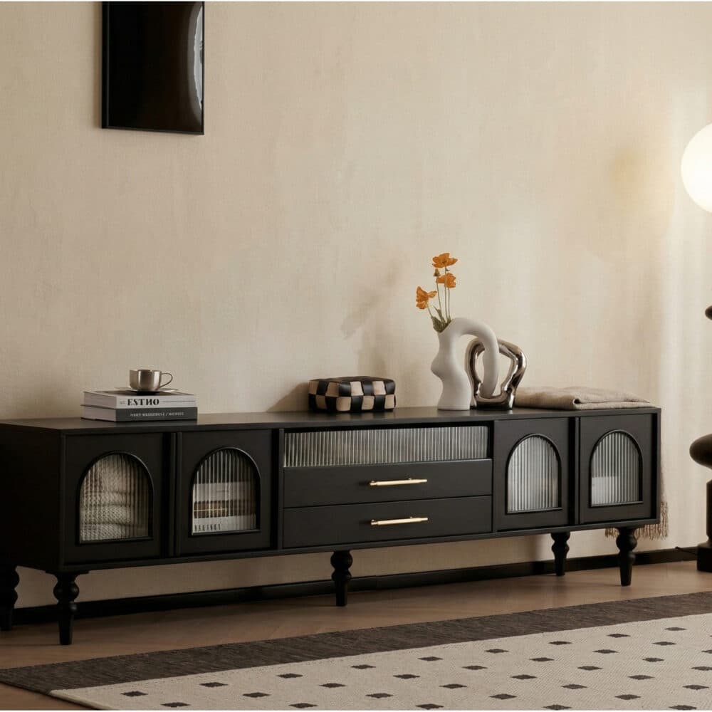 Mid-Century Modern Black TV Stand with Cabinet Glass Doors 商品主图 scene