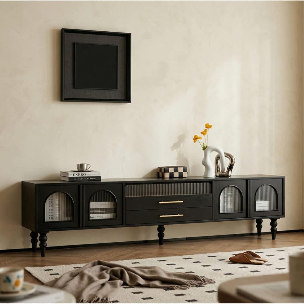 Mid-Century Modern Black TV Stand with Cabinet Glass Doors 相册图 #2 scene