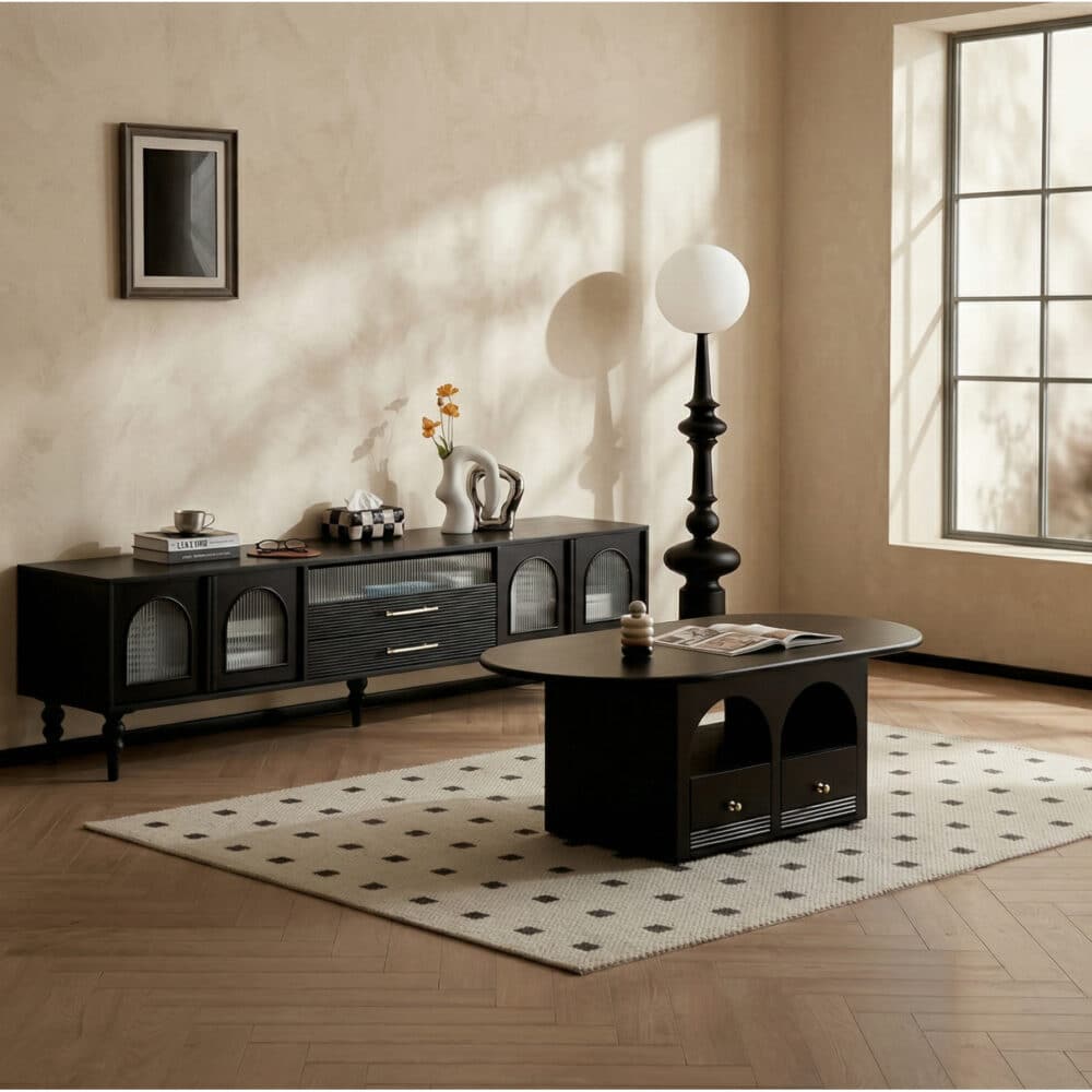 Mid-Century Modern Black TV Stand with Cabinet Glass Doors 相册图 #4 scene